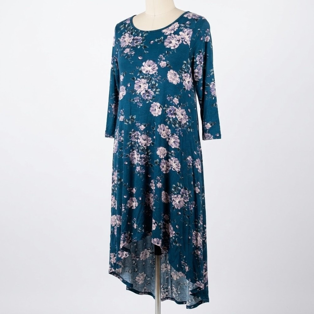 Bellamie Floral High-Low Dress Teal Blue 3/4 Sleeve Rayon Spandex Large